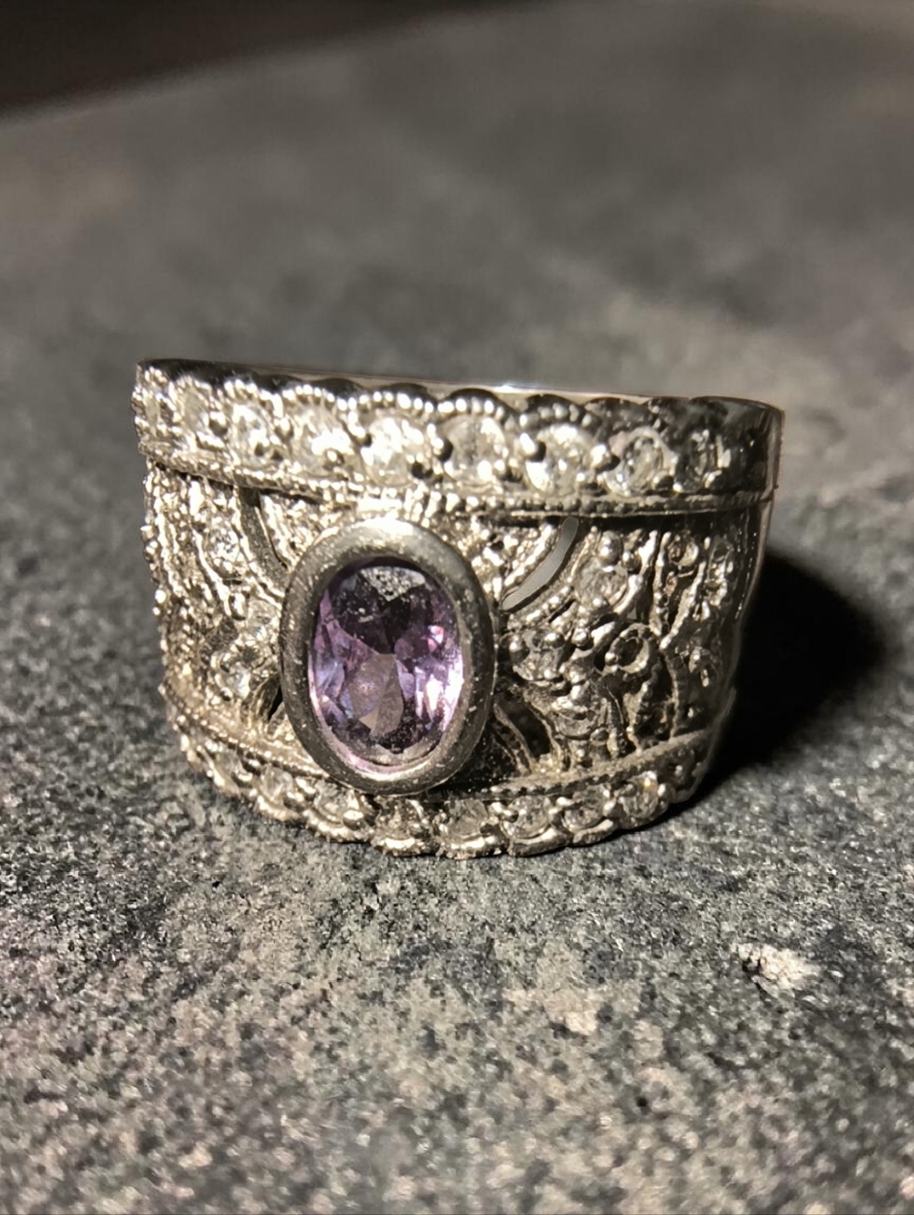 Amethyst And Clear Gemstone Wide Band Filigree Ring